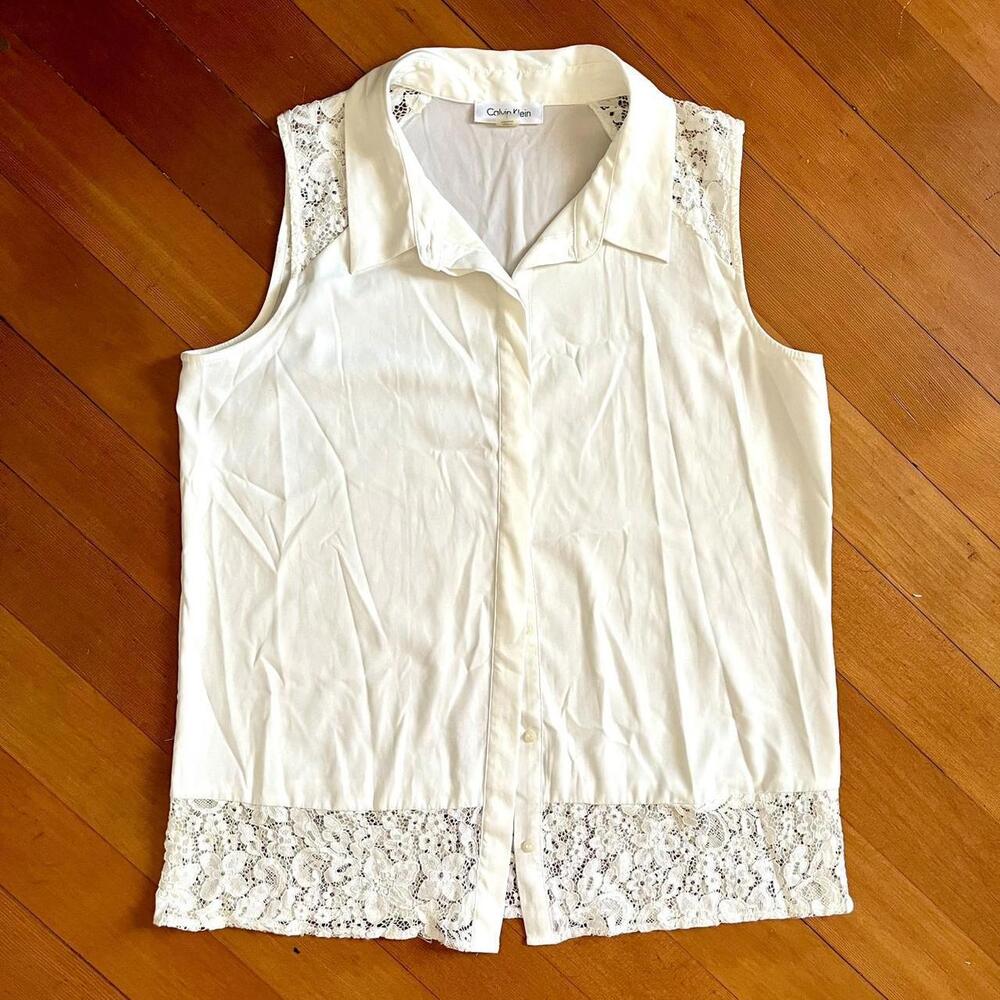 Calvin Klein Button Up Lace Trim/Shoulder Blouse w/ Hidden Buttons, Size Large